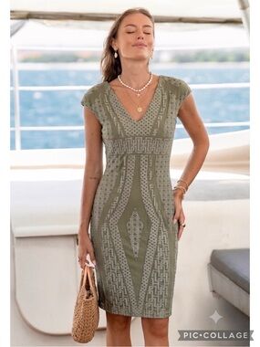 Bebe Olive Green Bodycon Textured Dress V- neck Cap Sleeve XL Cocktail